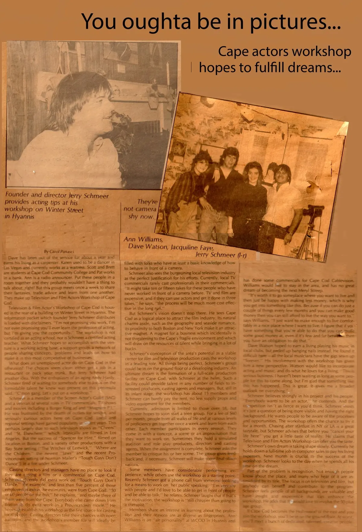 Vintage newspaper article titled You oughta be in pictures about Jerry Schmeer and the Television and Film Actors Workshop of Cape Cod