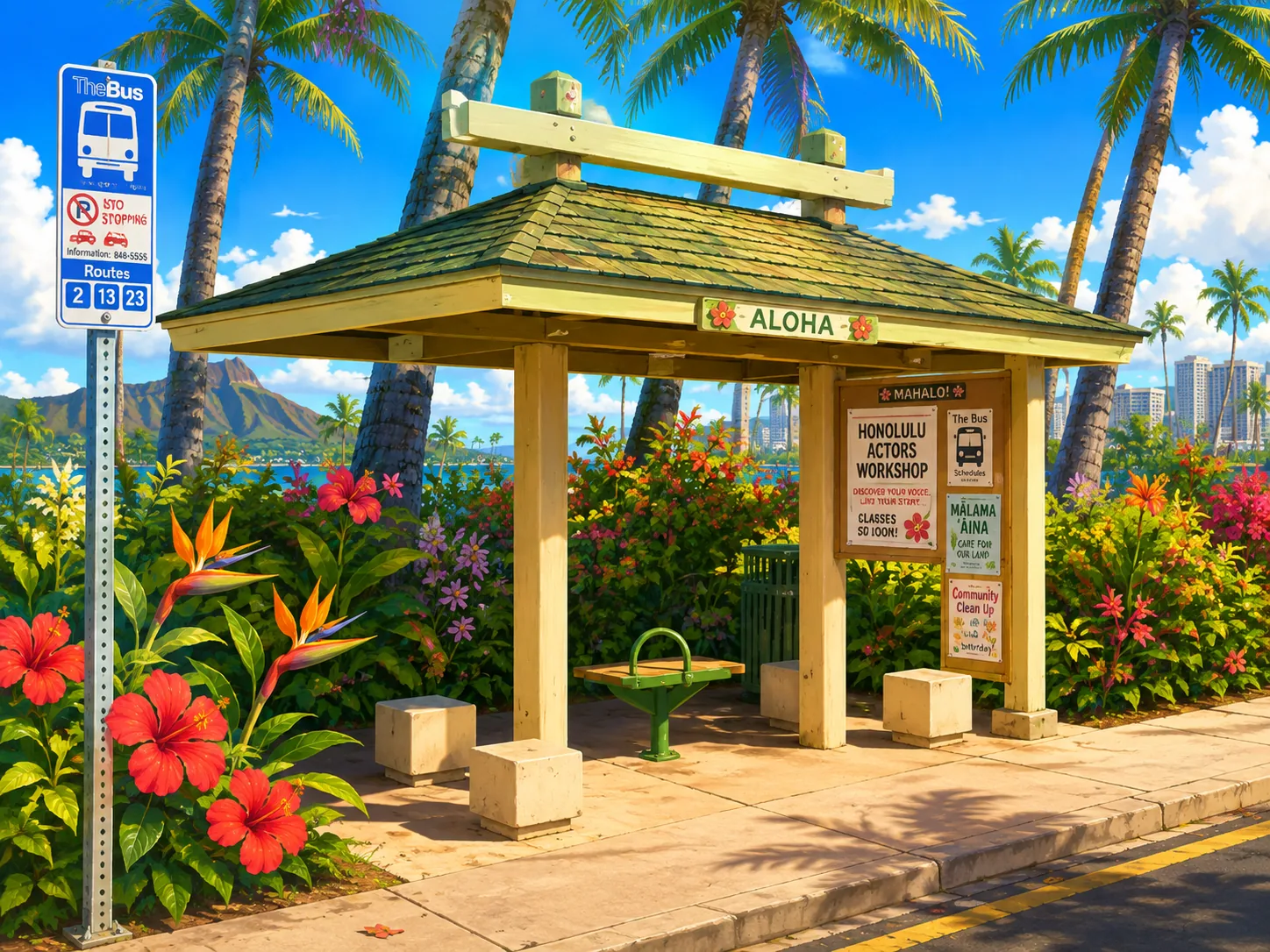 Colorful illustrated Honolulu bus stop surrounded by tropical flowers, with a small community bulletin board advertising an actors workshop