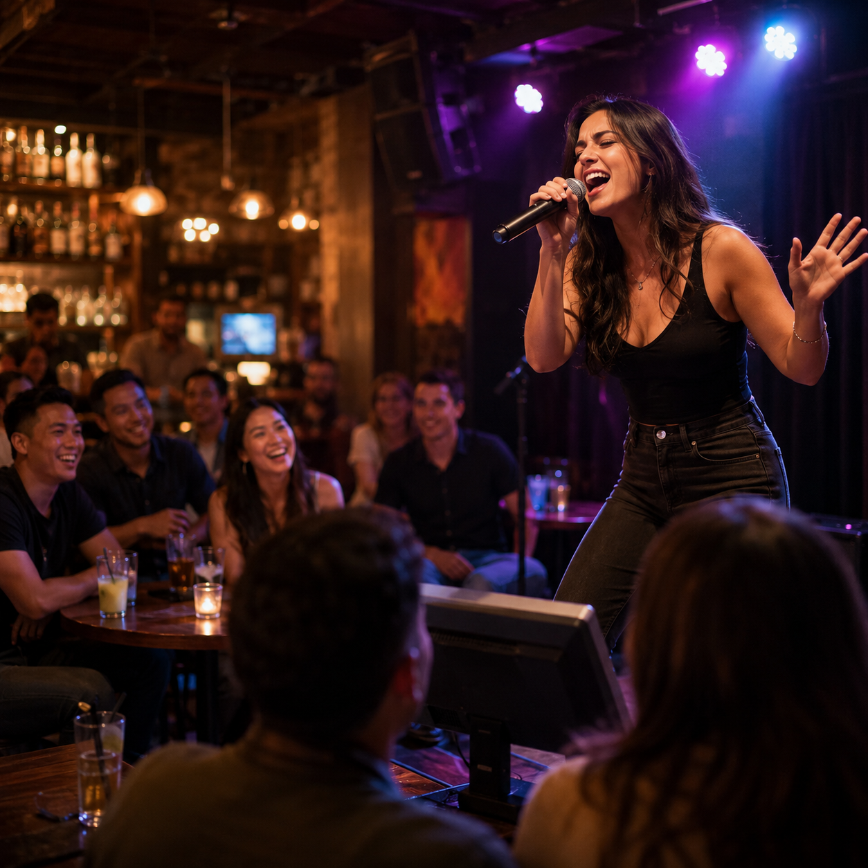 Singer singing Karaoke in a bar.